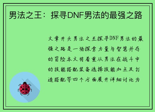 男法之王：探寻DNF男法的最强之路